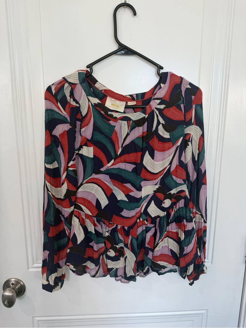 Anthropologie Multicolor Wave-Print Long Sleeve Peplum Top - Navy Multi